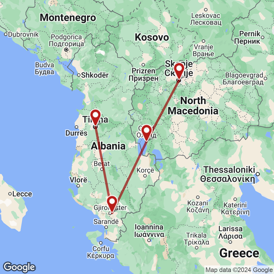 Route for Tirana, Gjirokastra, Ohrid, Skopje tour